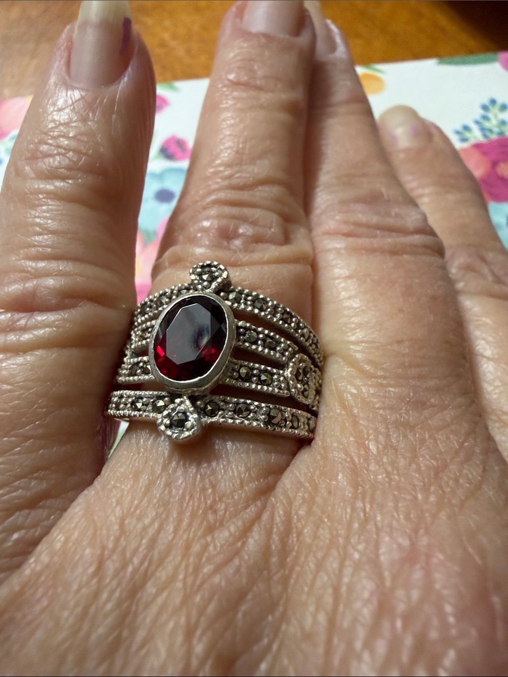 Sterling Silver Marcasite Stack Ring with Deep Red Oval Garnet